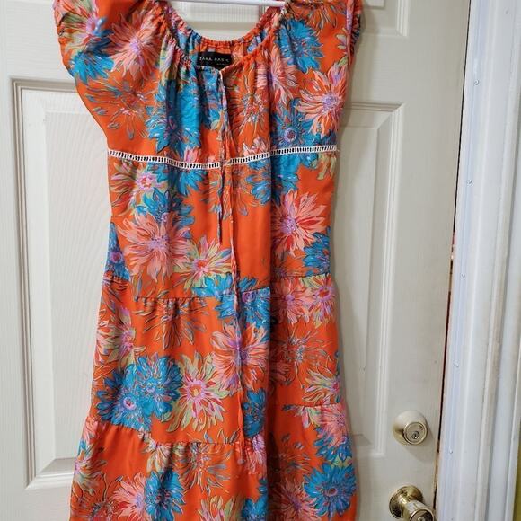 Zara Basic Orange Blue Floral Short Sleeve Tiered Mini Dress M - Picture 7 of 8